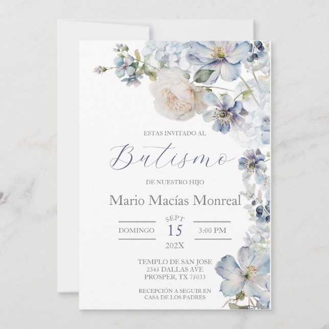 Light blue  Floral Baptism Spanish Invitation (Front)