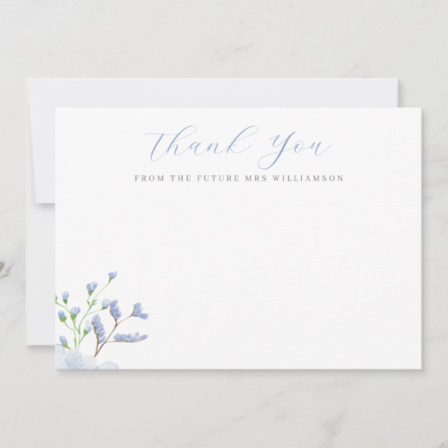 Light Blue Floral Bridal Shower Flat Thank You Card (Front)