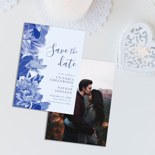 Light Blue Floral Chinoiserie Photo Save the Date (Creator Uploaded)
