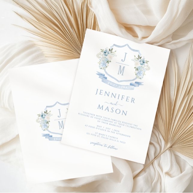 Light Blue Floral Crest Monogram Wedding Invitation (Creator Uploaded)