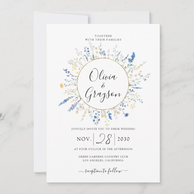 Light Blue Floral Gold QR RSVP All In 1 Wedding Invitation (Front)