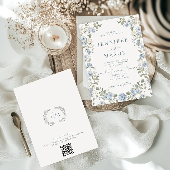 Light Blue Floral Greenery Wreath Garden Wedding Invitation (Creator Uploaded)