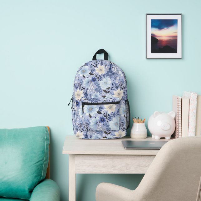 Light Blue Floral Pattern Printed Backpack (Insitu)