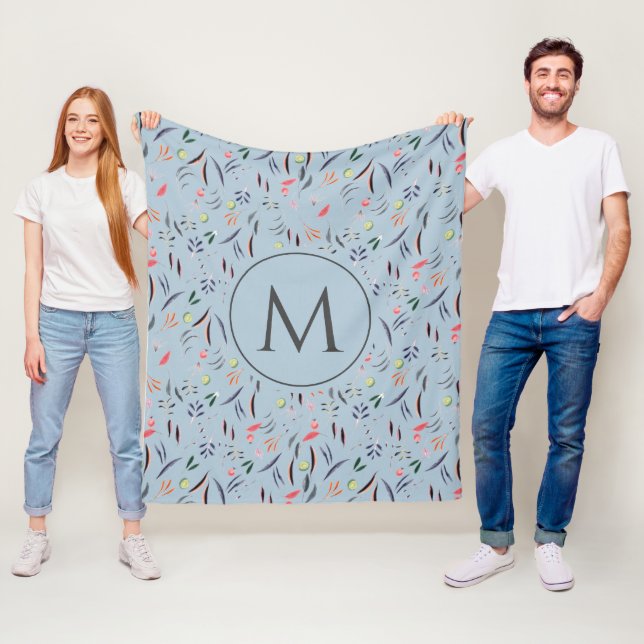 Light Blue Floral Personalised MONOGRAM Fleece Blanket (In Situ)