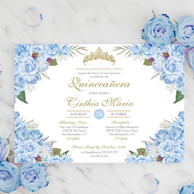 Light Blue Floral Rose Cinderella Quinceanera Invitation (Creator Uploaded)