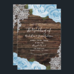 Light Blue Floral Roses Rustic Wood Lace Wedding Invitation<br><div class="desc">Customise any way you want.</div>