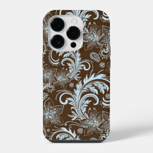 Light Blue Floral Swirls On Brown iPhone 14 Pro Case