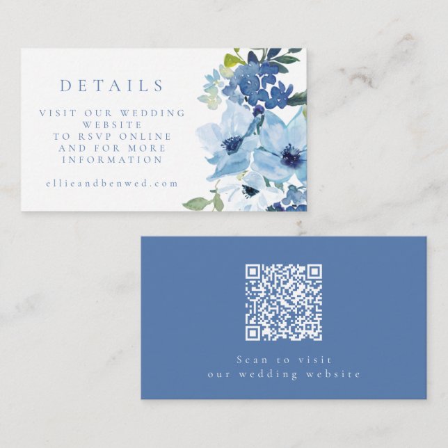 Light Blue Floral Wedding Website RSVP QR Code Enclosure Card (Front/Back)