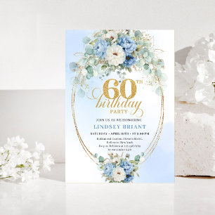 Light blue floral white peony gold 60th birthday  invitation