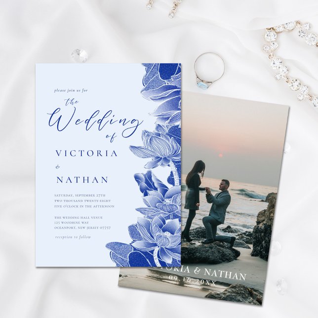 Light Blue Floral With Photo Chinoiserie Wedding I Invitation (Creator Uploaded)