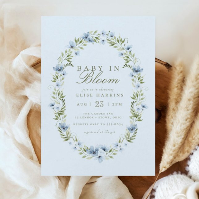 Light Blue Floral Wreath Baby in Bloom Baby Shower Invitation (Creator Uploaded)