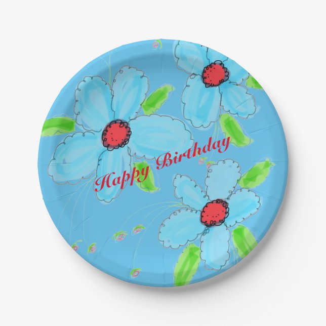 Light Blue Flowered Paper Party Plates (Front)