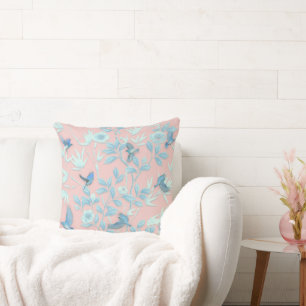 light blue flowers and bird , Background light ros Cushion