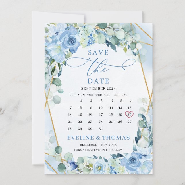 Light Blue Flowers Gold Geometric Month Boho Save The Date (Front)