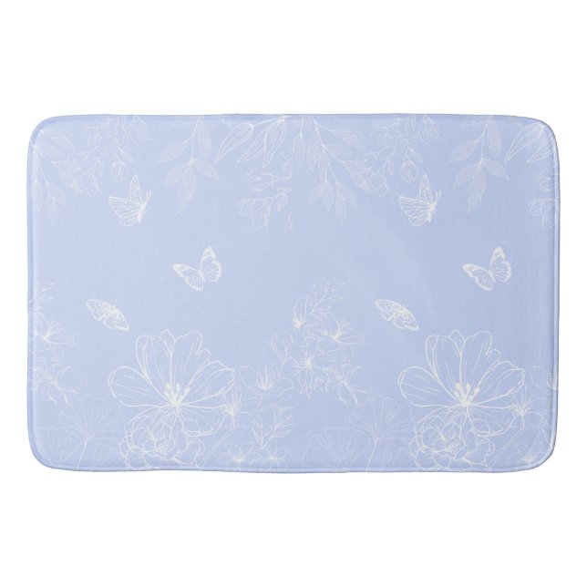 Light Blue Flowers Pattern, Floral, Minimalist Bath Mat (Front)