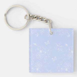 Light Blue Flowers Pattern, Floral, Minimalist Key Ring