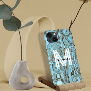 Light Blue Funky Retro Gold Glitter Monogram Cute iPhone 13 Case