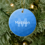 Light blue geometric mesh pattern Monogram Ceramic Tree Decoration<br><div class="desc">Light blue ombre geometric mesh pattern Monogram Ceramic Christmas tree Ornament. Monogram Personalise with your custom initial and name. Triangle geometric mesh with light dark blue ombre gradient modern design.</div>