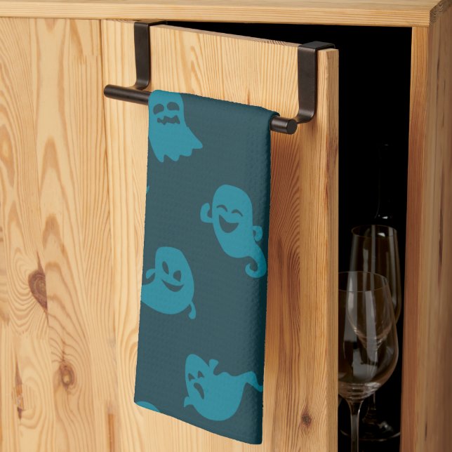 Light Blue Ghosts Dark Blue Halloween Tea Towel (Thirds Fold)