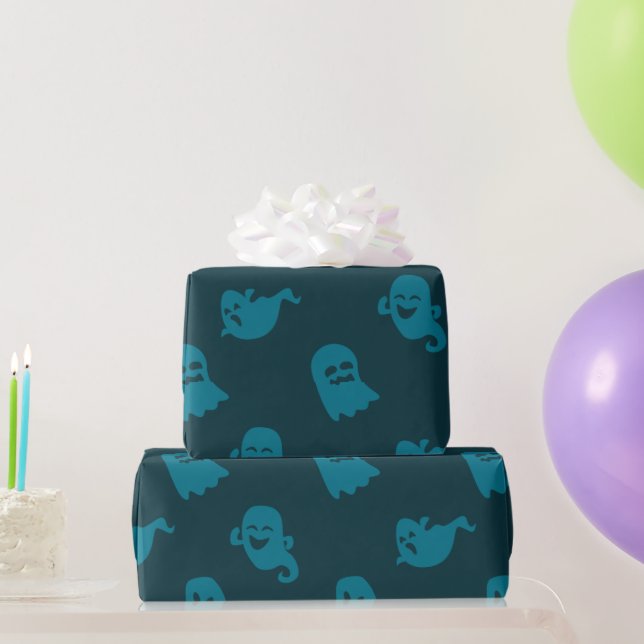 Light Blue Ghosts Dark Blue Halloween Wrapping Paper (Party Gifts)
