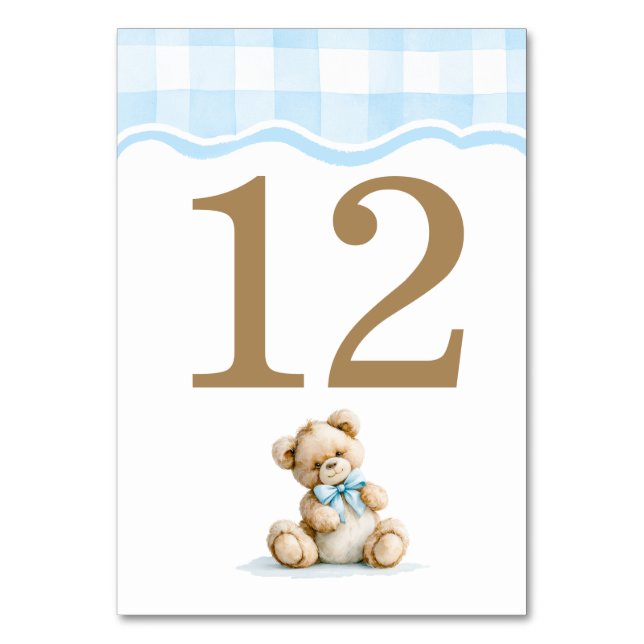 Light Blue Gingham And Teddy Bear Baby Shower Table Number (Front)