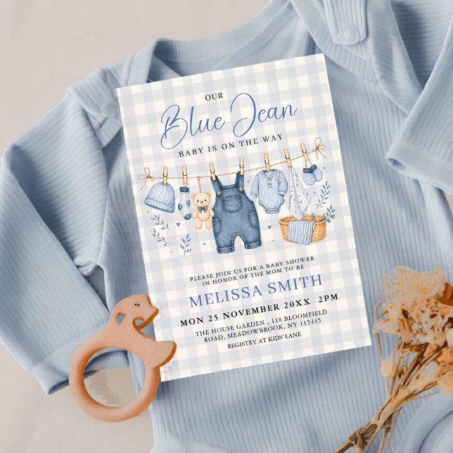 Light Blue Gingham Blue Jean Baby Denim Shower Invitation (Creator Uploaded)