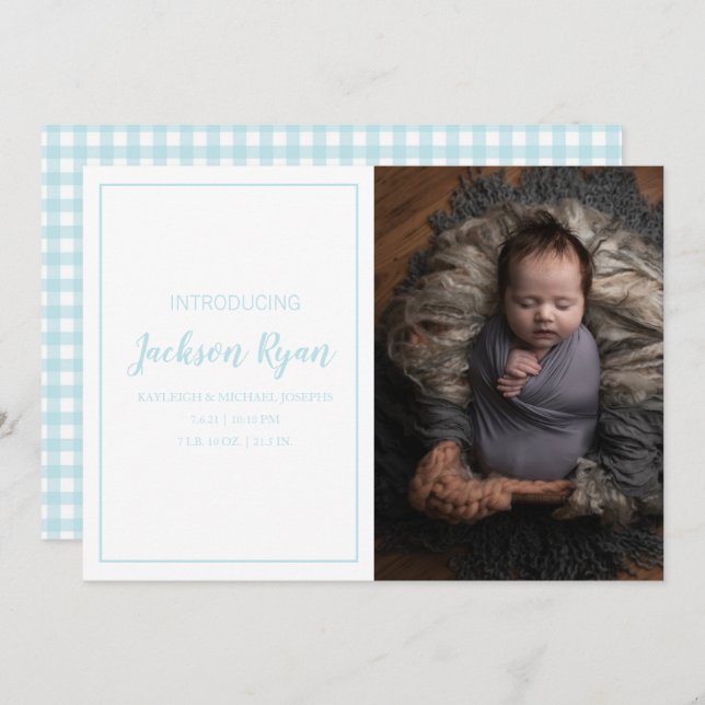 Light Blue Gingham Check Pattern Photo Birth Announcement (Front/Back)