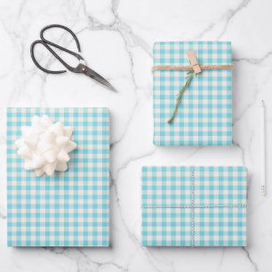 Light Blue Gingham Check Plaid Baby Shower Wrapping Paper Sheet