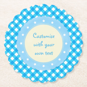 Light Blue Gingham Fancy Custom Text Paper Coaster