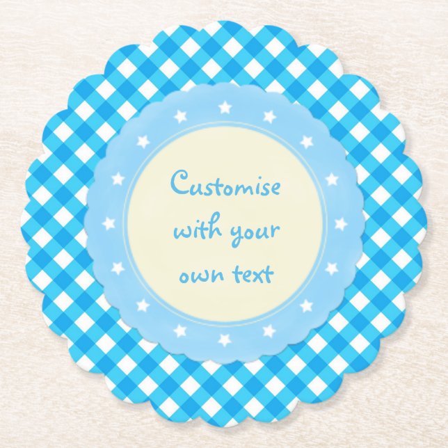 Light Blue Gingham Fancy Custom Text Paper Coaster (Front)
