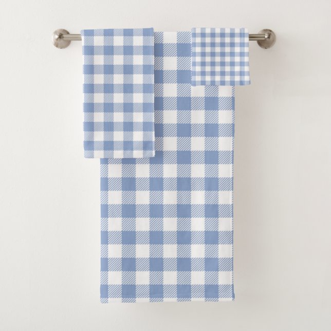 Light Blue Gingham Pattern Classic Chequered Print Bath Towel Set (Insitu)