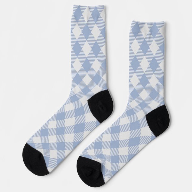 Light Blue Gingham Pattern Classic Chequered Print Socks (Left)