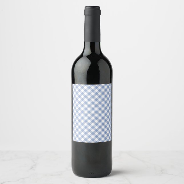 Light Blue Gingham Pattern Classic Chequered Print Wine Label (Front)