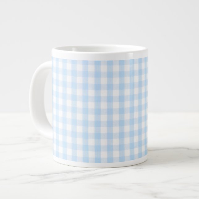 Light blue gingham pattern large coffee mug (Front Left)