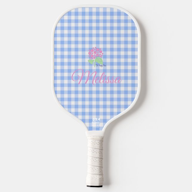 light blue gingham pickleball paddle with name (Back)