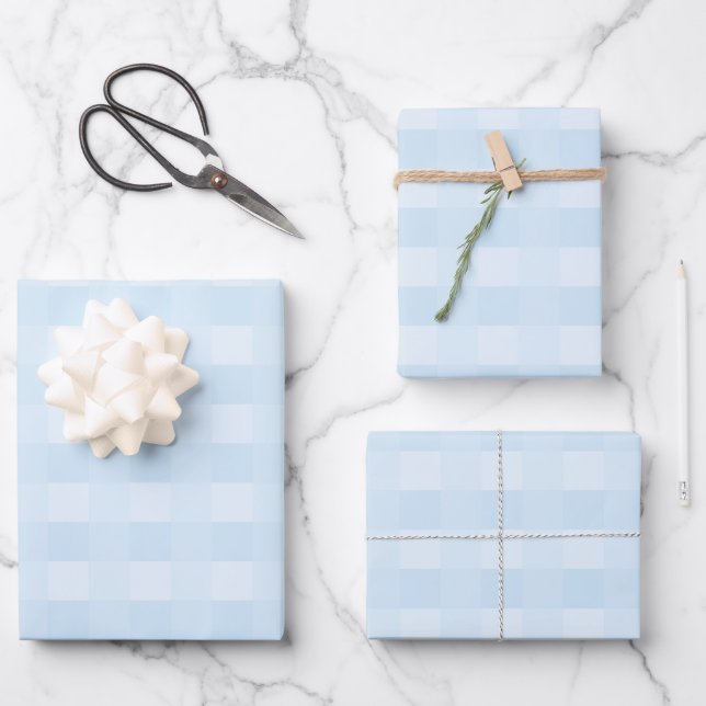 Light Blue Gingham Plaid Pattern Wrapping Paper Sheet (Front)