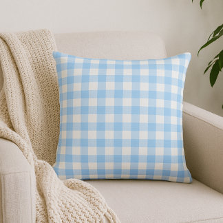 Light Blue Gingham Plaid Throw Pillow