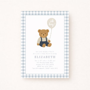 Light Blue Gingham Teddy Bear Baby Shower  Invitation