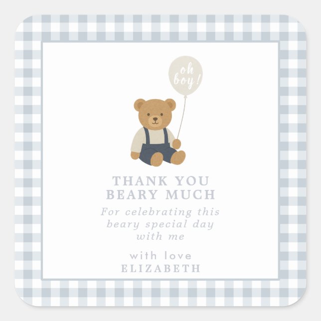 Light Blue Gingham Teddy Bear Baby Shower Square Sticker (Front)