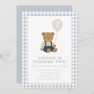 Light Blue Gingham Teddy Bear Birthday Invitation