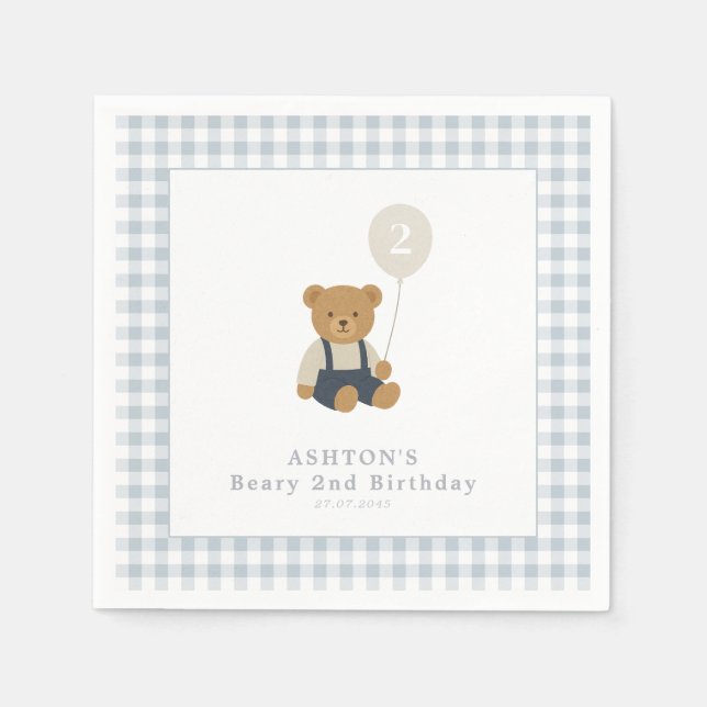 Light Blue Gingham Teddy Bear Birthday Party Napkin (Front)