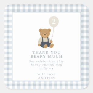 Light Blue Gingham Teddy Bear Birthday Square Sticker