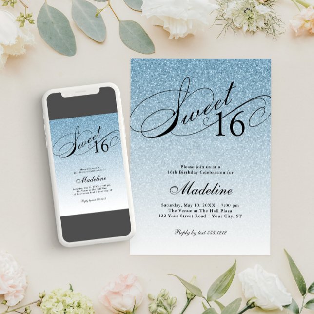 Light Blue Glam Glitter Sweet 16 Invitation (Creator Uploaded)