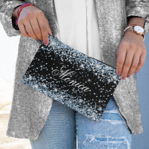 Light Blue Glitter Black Accessory Pouch
