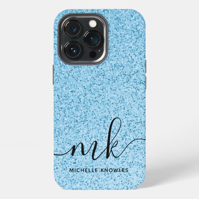 Light Blue Glitter Bokeh Custom Monogram and Name iPhone Case (Back)