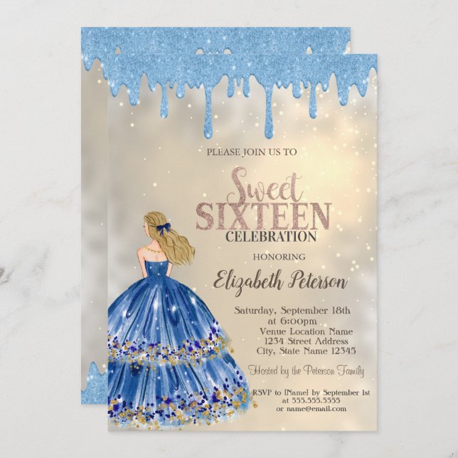 Light Blue Glitter Drips,Dress Girl Gold Sweet 16  Invitation (Front/Back)