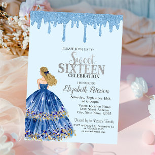Light Blue Glitter Drips,Dress Girl Sweet 16   Invitation