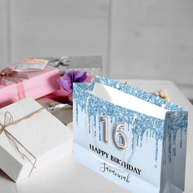 Light blue glitter drips name Sweet 16 Large Gift Bag (Creator Uploaded)