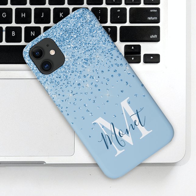 Light Blue Glitter Script Monogram Name Case-Mate iPhone Case (Creator Uploaded)