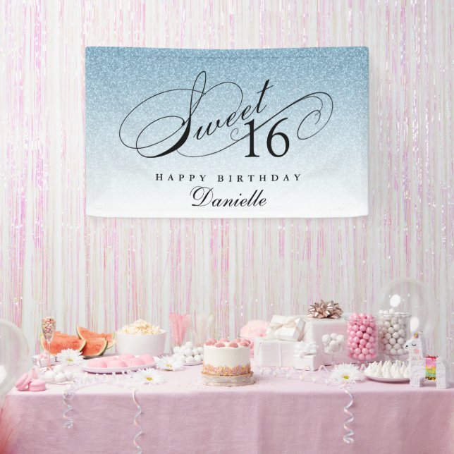 Light Blue Glitter Sweet 16 Personalised Birthday  Banner (Party)